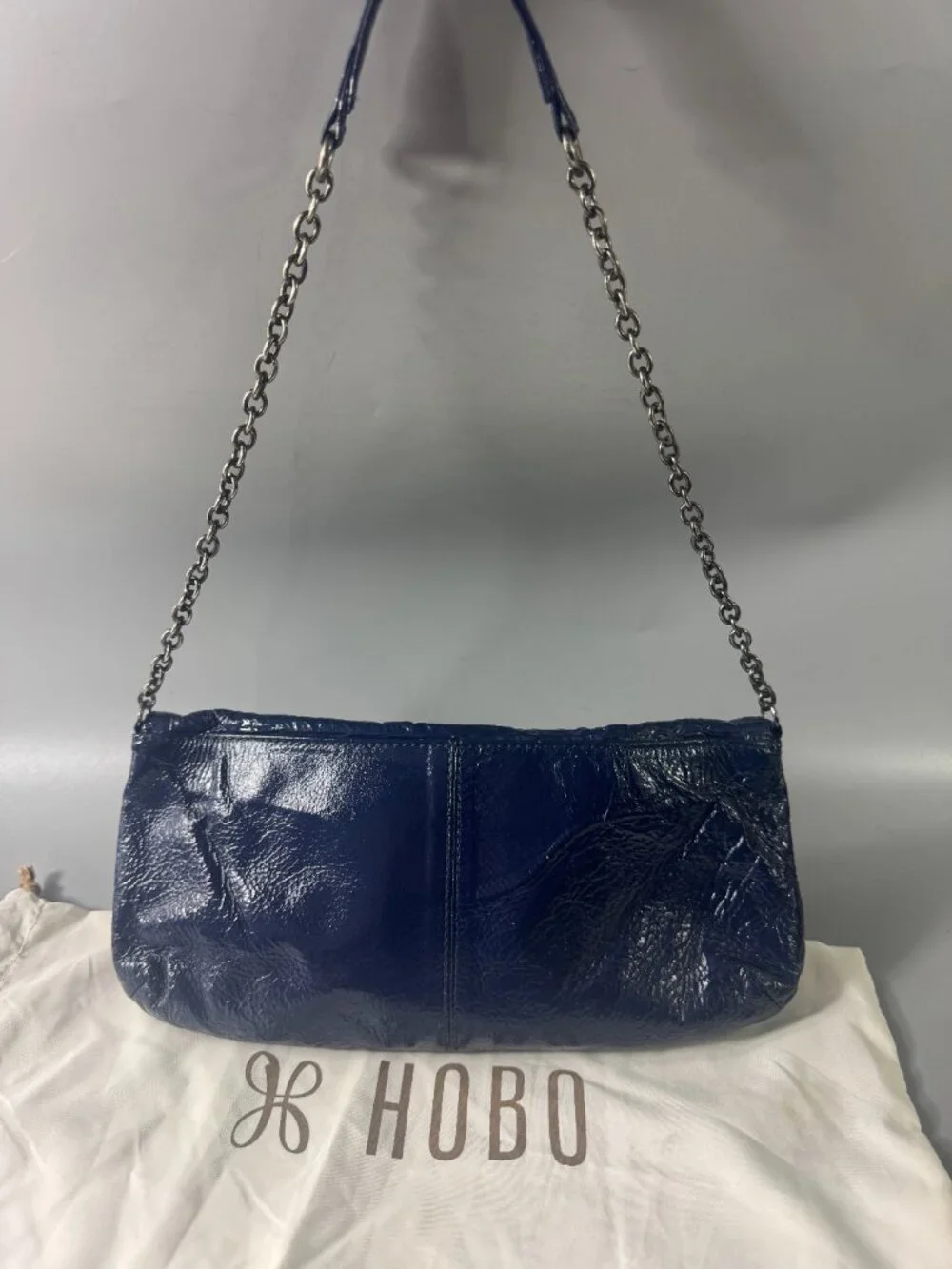 HOBO INTERNATIONAL Blue Patent Leather Envelope Hand Bag Purse Chain